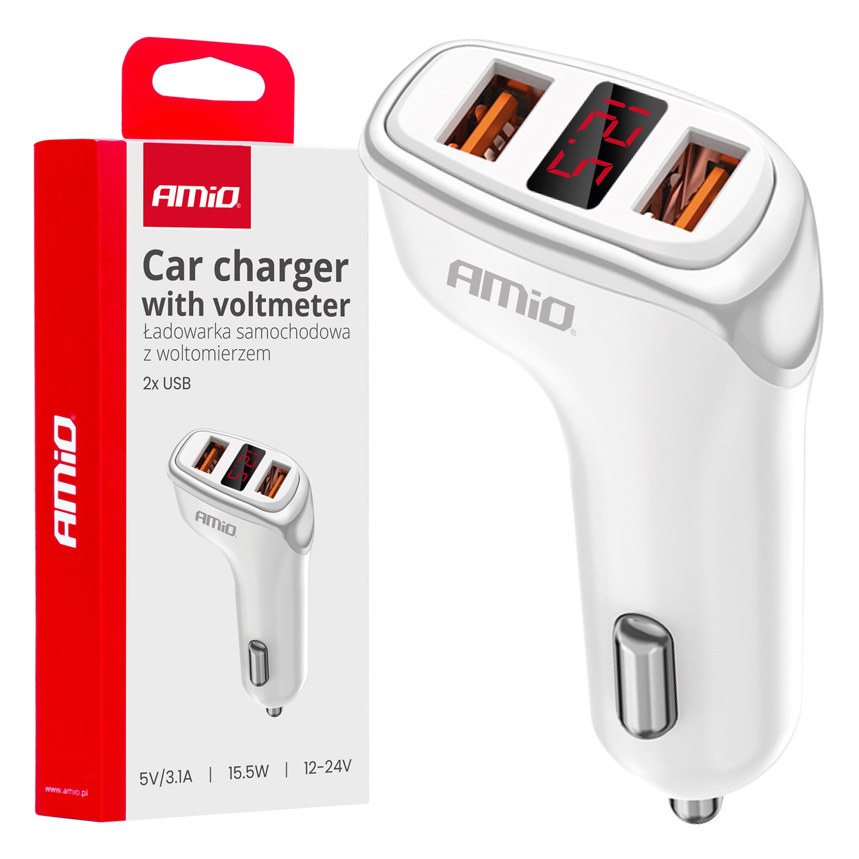 Amio adapter  2x USB-A 3,1 A voltmeetriga