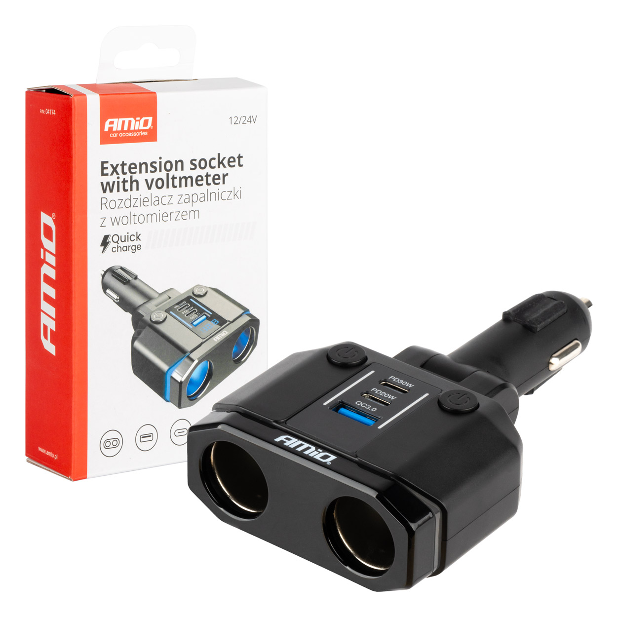 Sigaretisüütaja laadija 2x12/24V pesa,1xUSB 2xUSB-C, voltm.