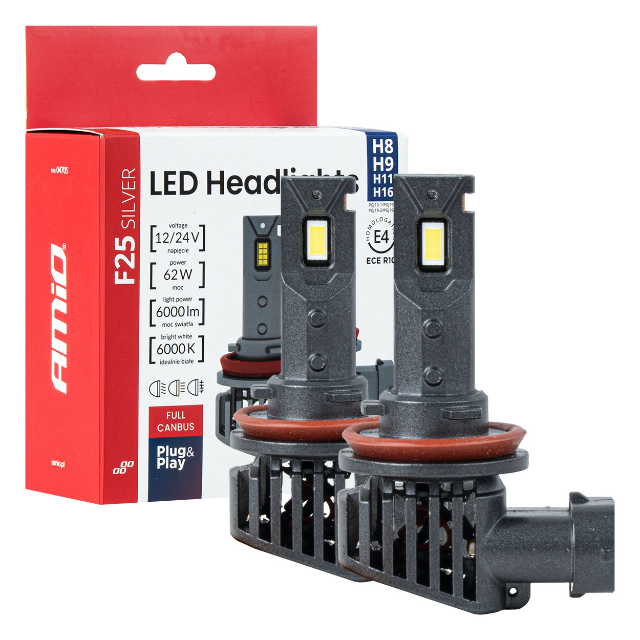 Amio pirn led F25 Silver Full H8/H9/H11/H16 62W 12-24V canb