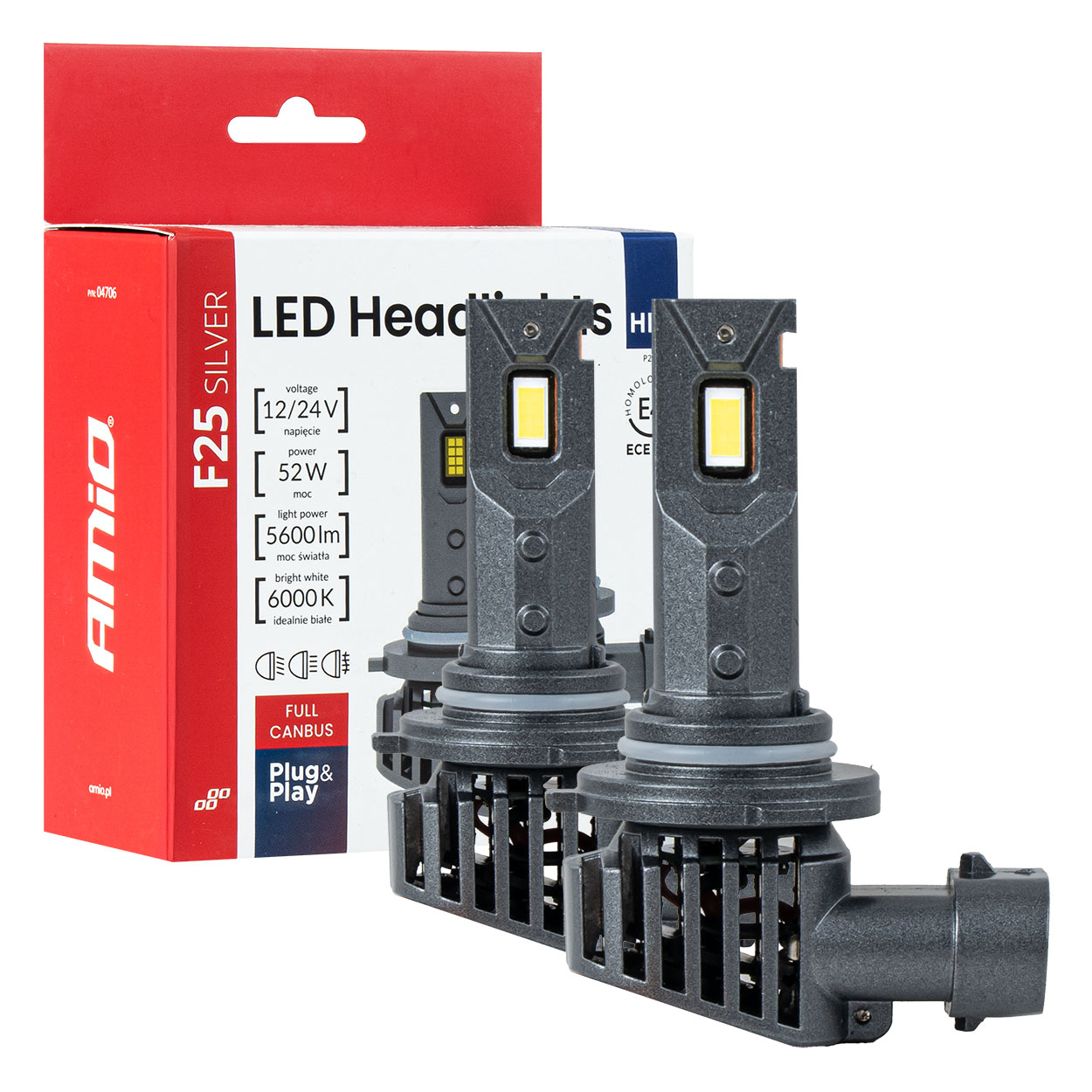 Amio pirn led F25 Silver Full HB3 9005 52W 12-24V canbus