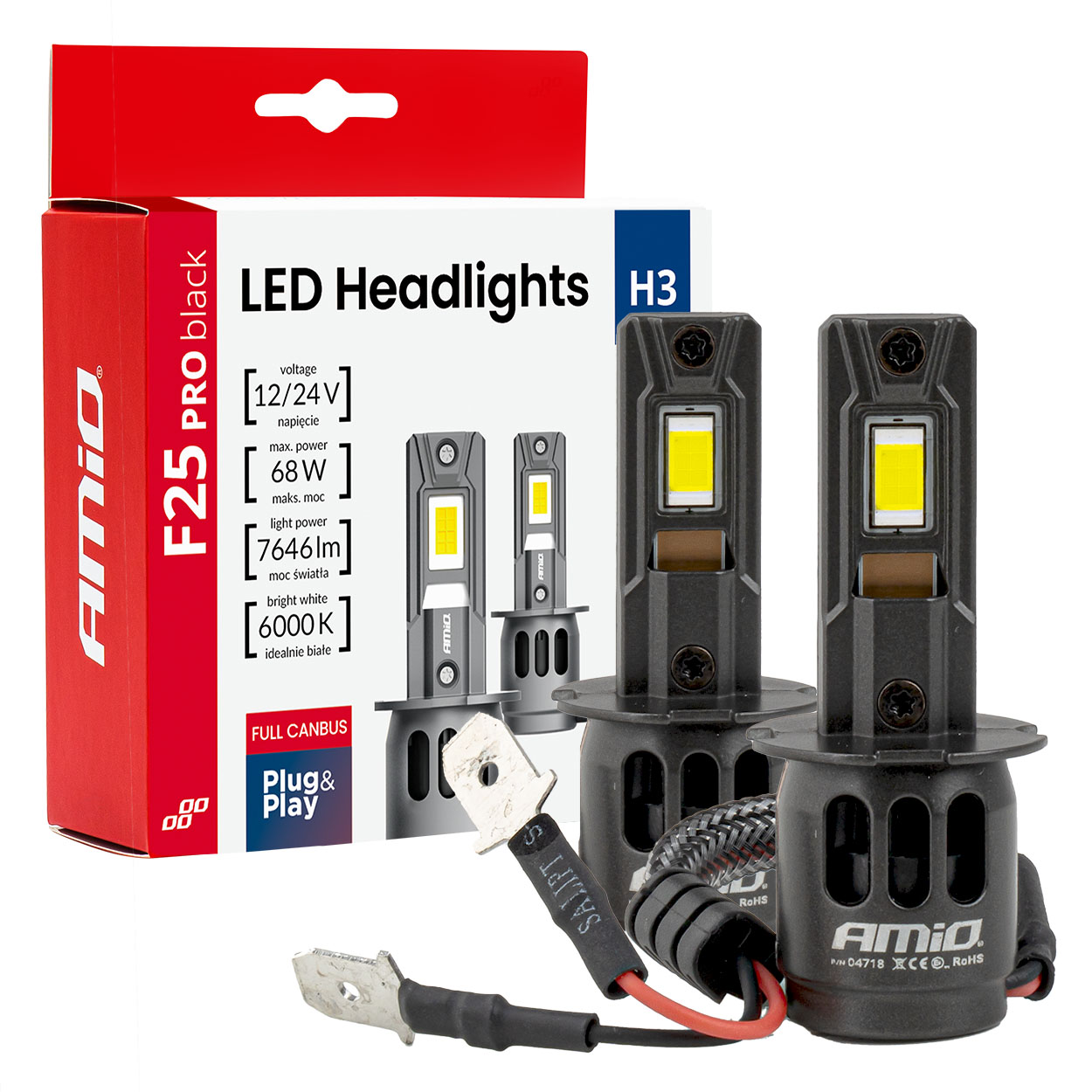 Amio pirn led F25 Pro Black Edition H3 12/24V 68W 6000k canb