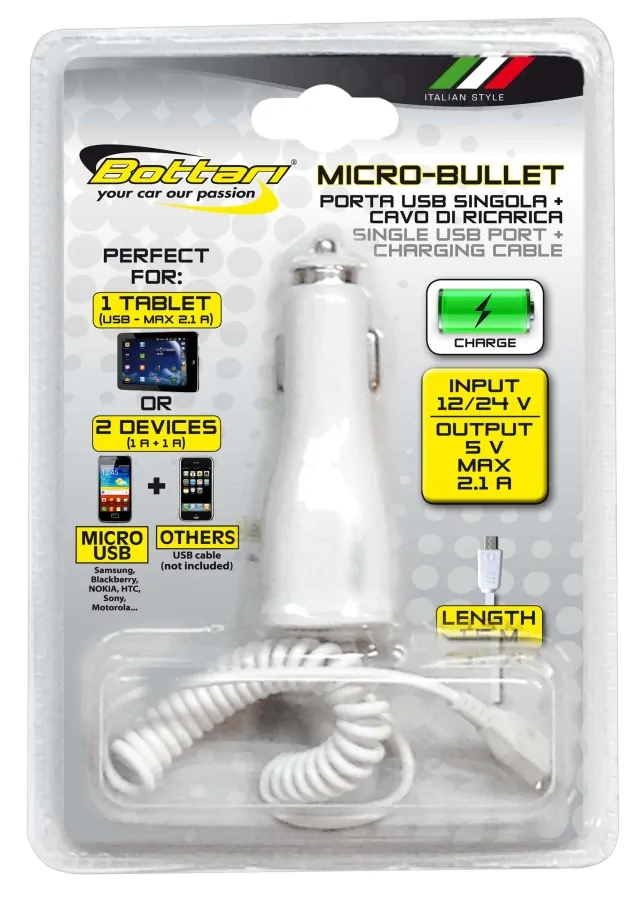 Bottari Micro USB autolaadija 2,1A Micro-Bullet valge 1,6M